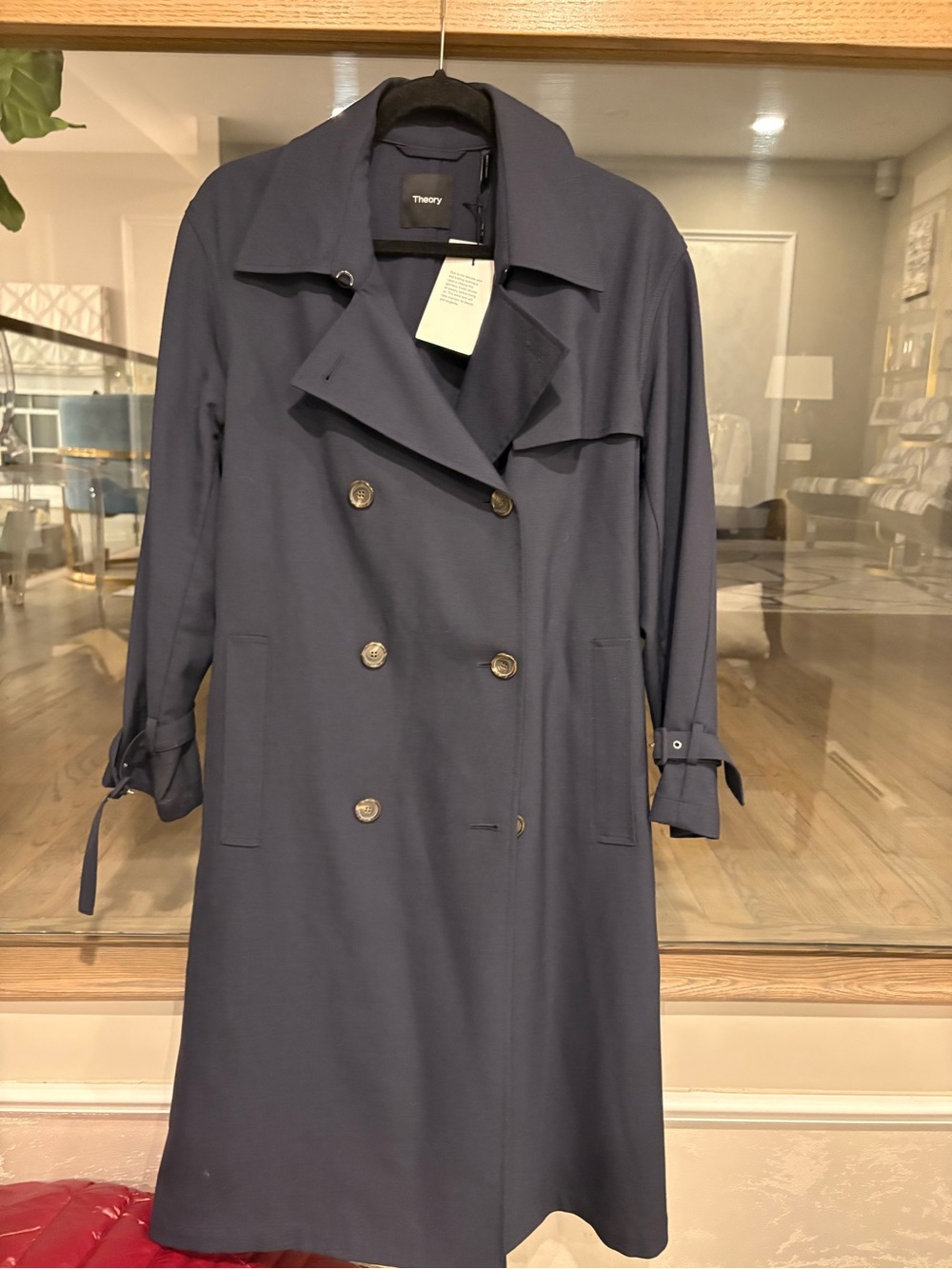 Theory Navy Double-Breasted Trench Coat